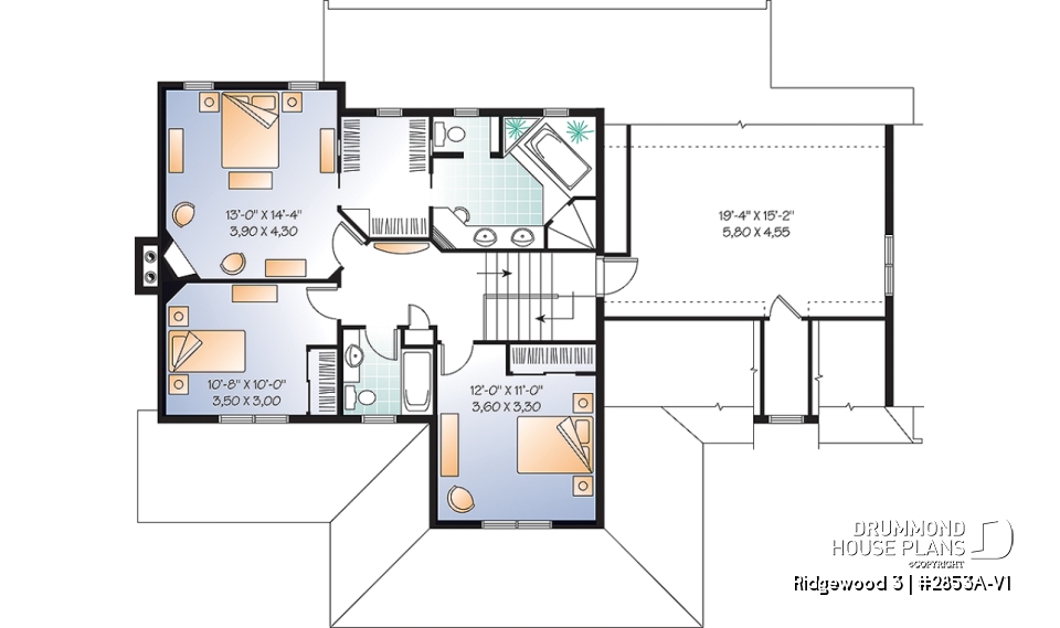 2nd level - Craftsman house plan, 3 to 4 bedrooms, home office, solarium, side entry 2-car garage, fireplace - Ridgewood 3