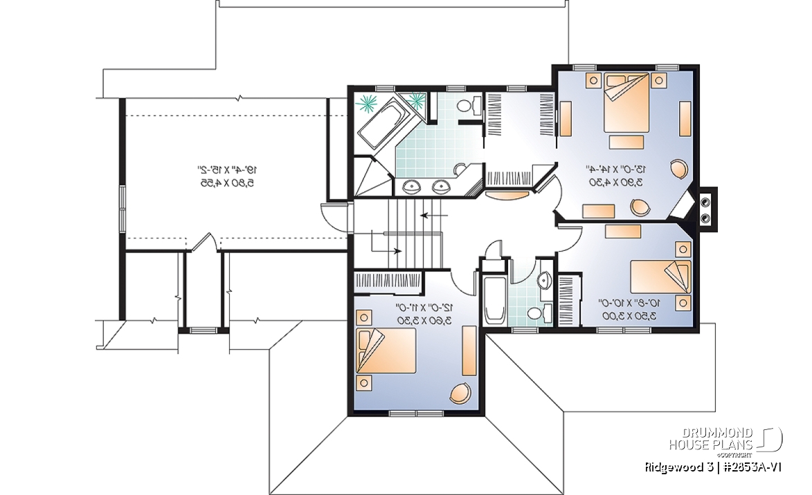 2nd level - Craftsman house plan, 3 to 4 bedrooms, home office, solarium, side entry 2-car garage, fireplace - Ridgewood 3