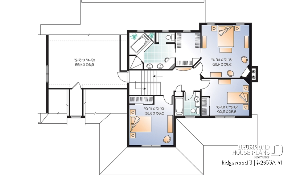 2nd level - Craftsman house plan, 3 to 4 bedrooms, home office, solarium, side entry 2-car garage, fireplace - Ridgewood 3