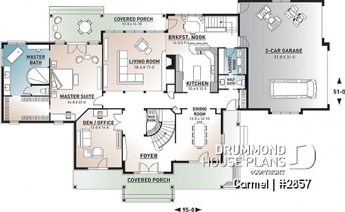 1st level - 5 bed, 3.5 bath, 3-car garage house plan, formal dining & living room, large master (main floor) with ensuite - Carmel