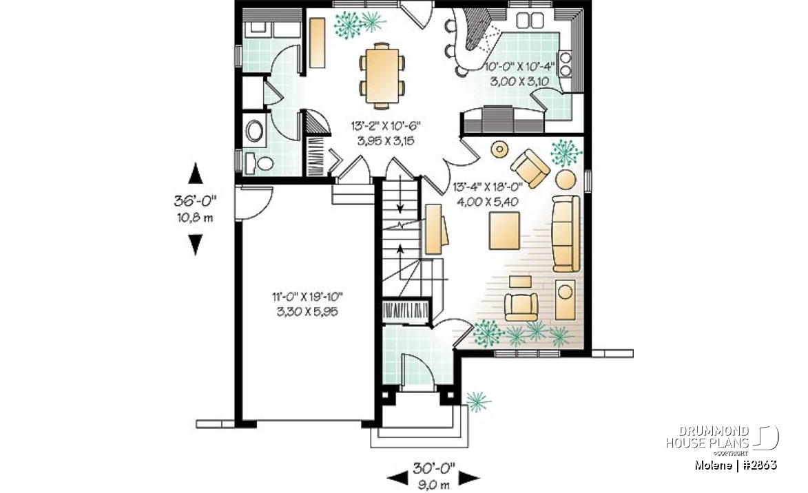 1st level - 2 Storey English style cottage plan with garage, 3 bedrooms, 2.5 bathrooms and laundry on main floor - Molene
