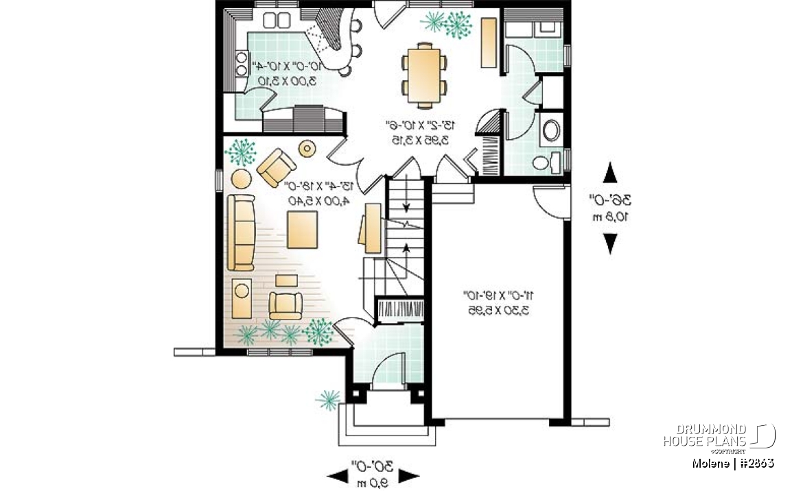 1st level - 2 Storey English style cottage plan with garage, 3 bedrooms, 2.5 bathrooms and laundry on main floor - Molene