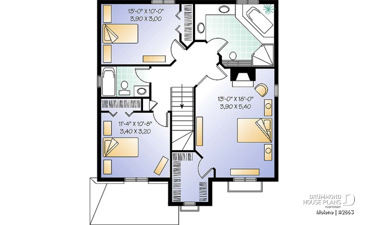 2nd level - 2 Storey English style cottage plan with garage, 3 bedrooms, 2.5 bathrooms and laundry on main floor - Molene