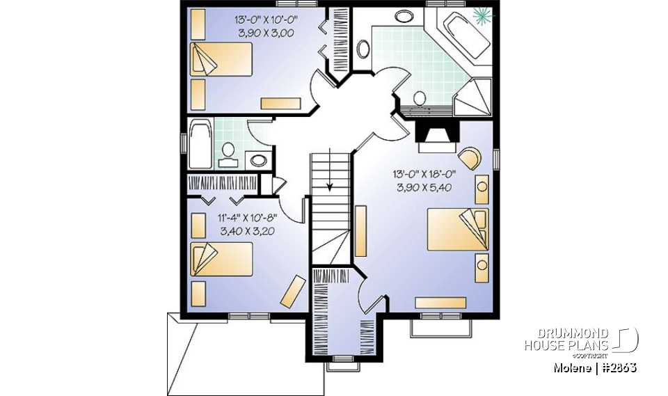2nd level - 2 Storey English style cottage plan with garage, 3 bedrooms, 2.5 bathrooms and laundry on main floor - Molene