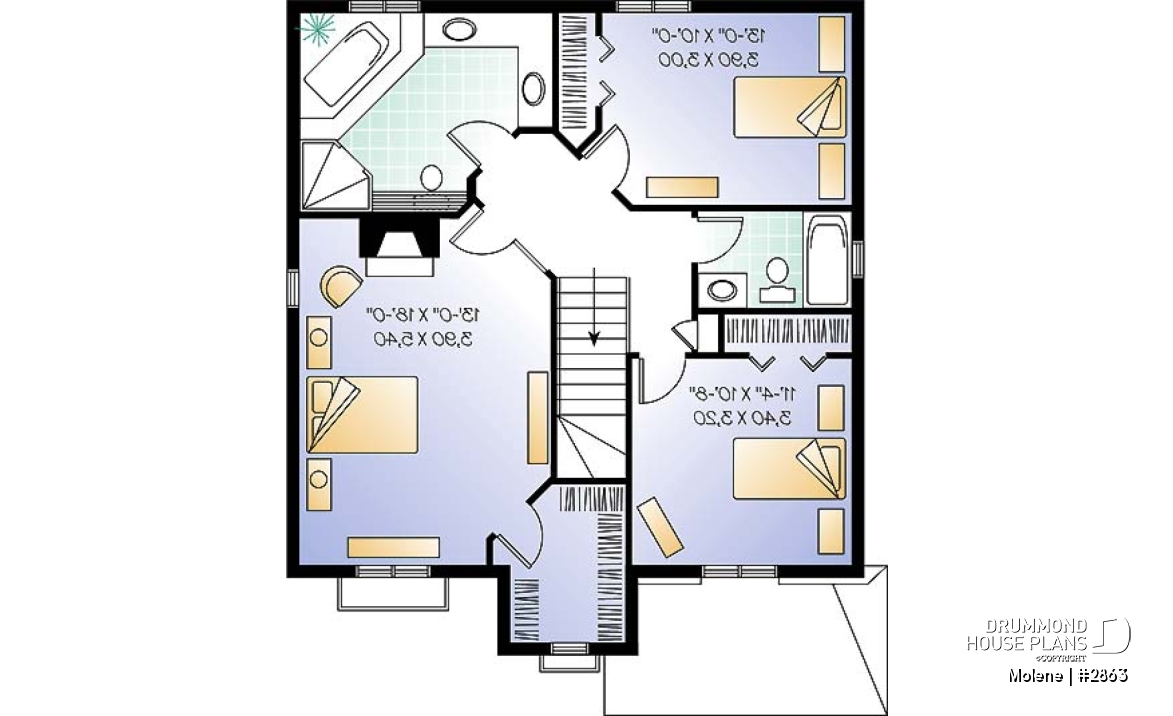 2nd level - 2 Storey English style cottage plan with garage, 3 bedrooms, 2.5 bathrooms and laundry on main floor - Molene