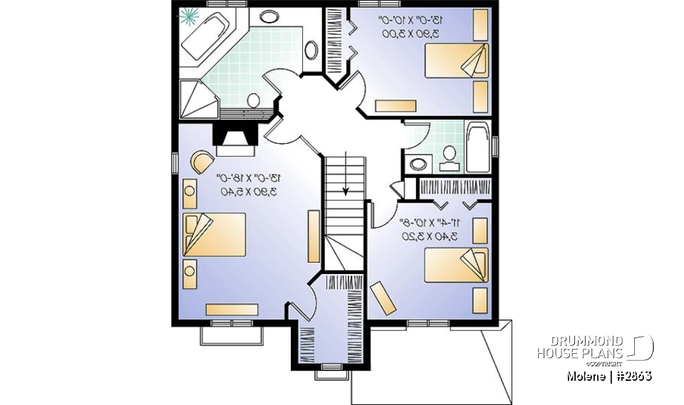 2nd level - 2 Storey English style cottage plan with garage, 3 bedrooms, 2.5 bathrooms and laundry on main floor - Molene