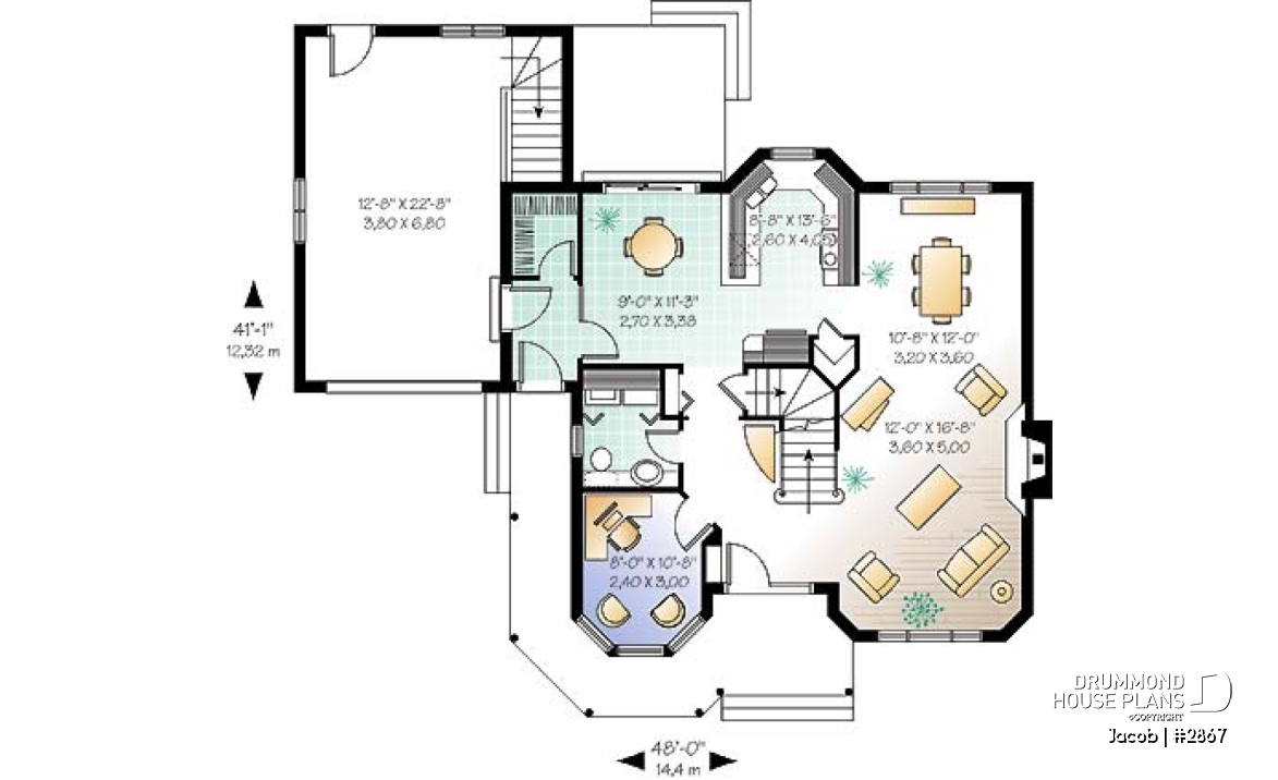 1st level - Victorian house plan with 3 to 4 bedrooms, 2 home offices, garage, unfinished basement - Jacob