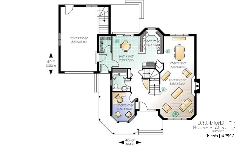 1st level - Victorian house plan with 3 to 4 bedrooms, 2 home offices, garage, unfinished basement - Jacob