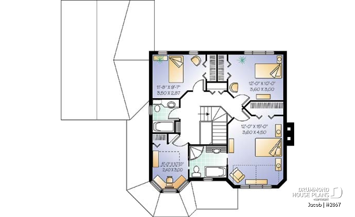 2nd level - Victorian house plan with 3 to 4 bedrooms, 2 home offices, garage, unfinished basement - Jacob