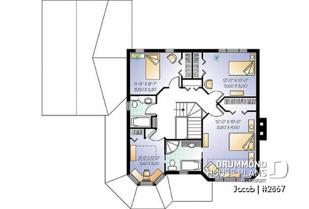 2nd level - Victorian house plan with 3 to 4 bedrooms, 2 home offices, garage, unfinished basement - Jacob