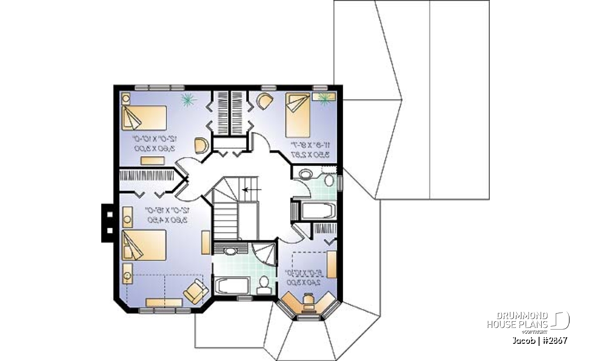 2nd level - Victorian house plan with 3 to 4 bedrooms, 2 home offices, garage, unfinished basement - Jacob