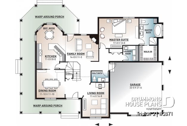 1st level - Beuatiful 4 bedrooms, 2 master suites, 4 bathrooms, 2-car garage, cottage house plan,  wraparound porch - Tristan 2