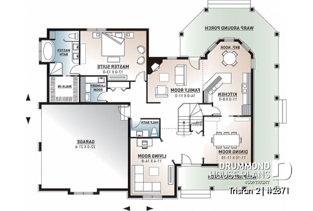 1st level - Beuatiful 4 bedrooms, 2 master suites, 4 bathrooms, 2-car garage, cottage house plan,  wraparound porch - Tristan 2