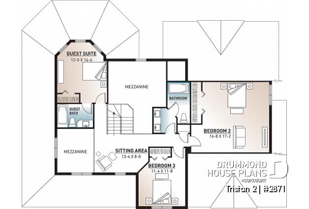 2nd level - Beuatiful 4 bedrooms, 2 master suites, 4 bathrooms, 2-car garage, cottage house plan,  wraparound porch - Tristan 2