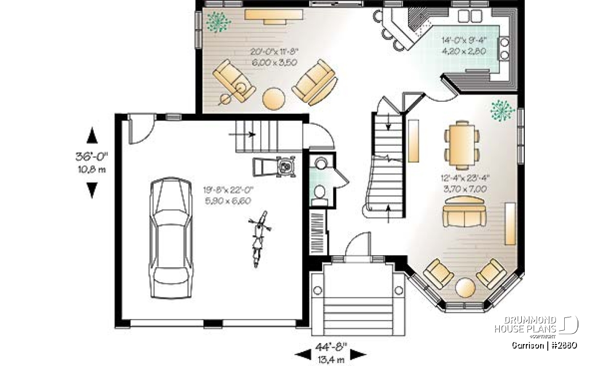 1st level - House floor plan with 2 family rooms, 3 bedrooms and 2-car garage - Garrison
