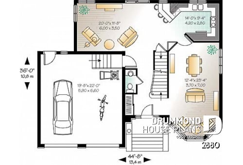 1st level - House floor plan with 2 family rooms, 3 bedrooms and 2-car garage - Garrison