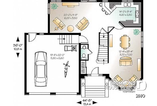 1st level - House floor plan with 2 family rooms, 3 bedrooms and 2-car garage - Garrison