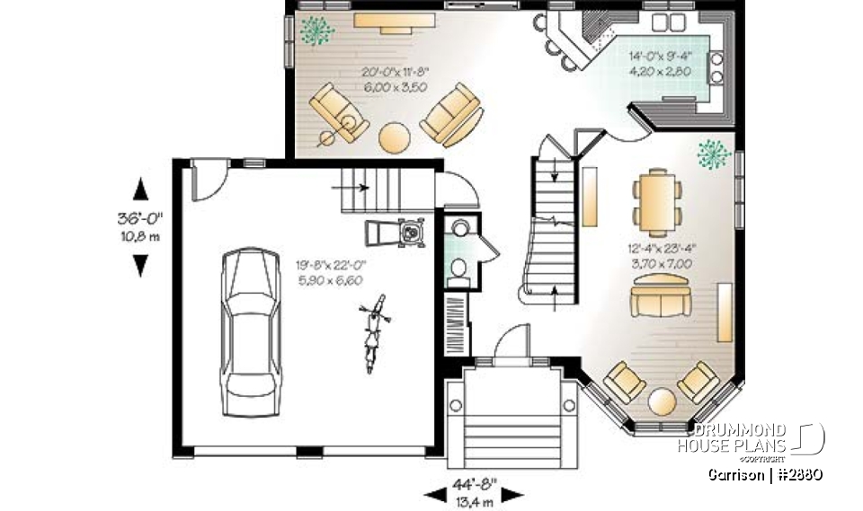 1st level - House floor plan with 2 family rooms, 3 bedrooms and 2-car garage - Garrison