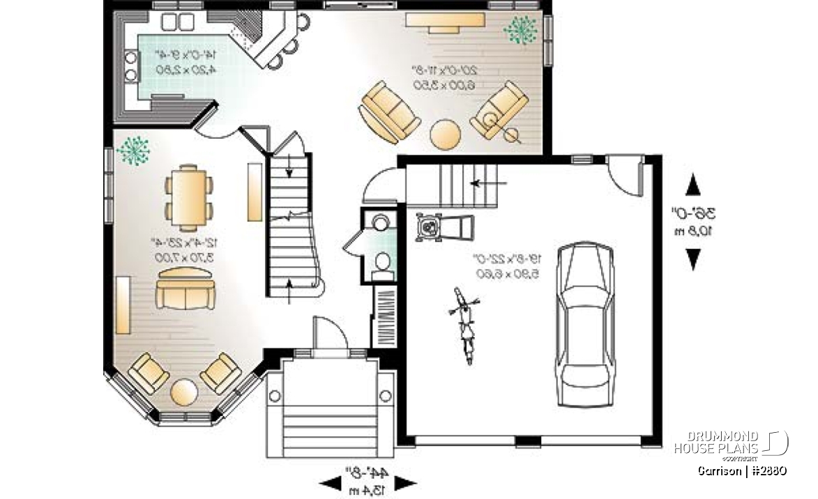 1st level - House floor plan with 2 family rooms, 3 bedrooms and 2-car garage - Garrison