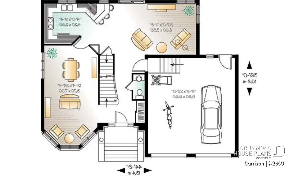 1st level - House floor plan with 2 family rooms, 3 bedrooms and 2-car garage - Garrison