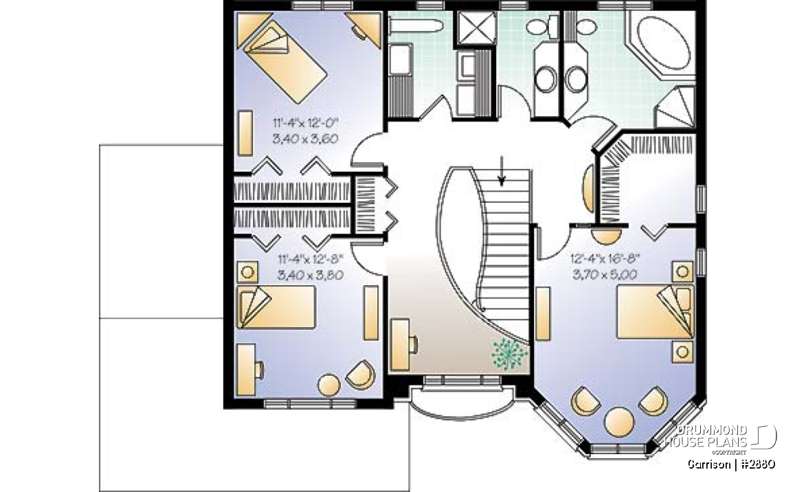 2nd level - House floor plan with 2 family rooms, 3 bedrooms and 2-car garage - Garrison