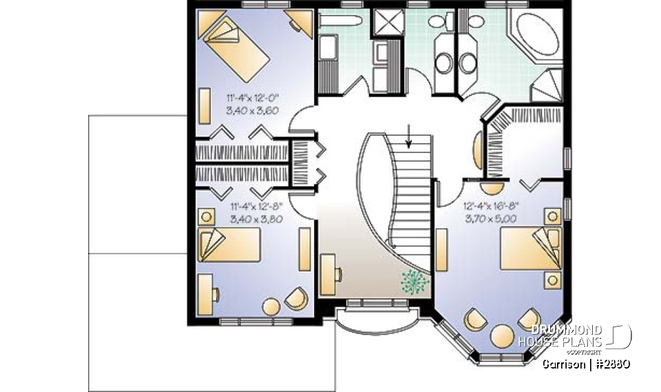 2nd level - House floor plan with 2 family rooms, 3 bedrooms and 2-car garage - Garrison