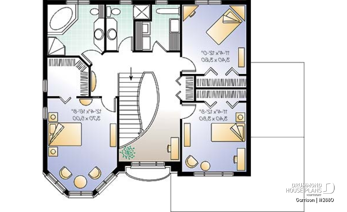 2nd level - House floor plan with 2 family rooms, 3 bedrooms and 2-car garage - Garrison