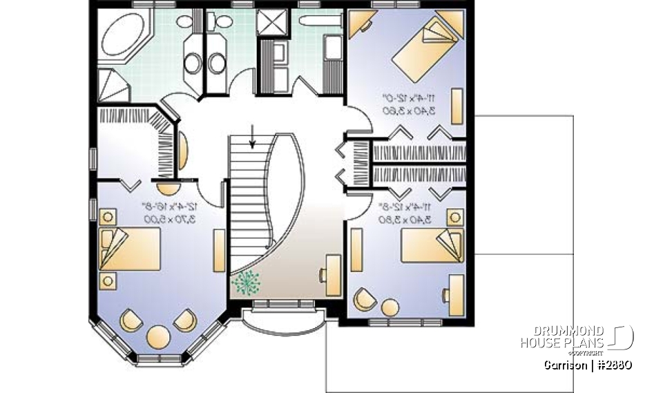 2nd level - House floor plan with 2 family rooms, 3 bedrooms and 2-car garage - Garrison