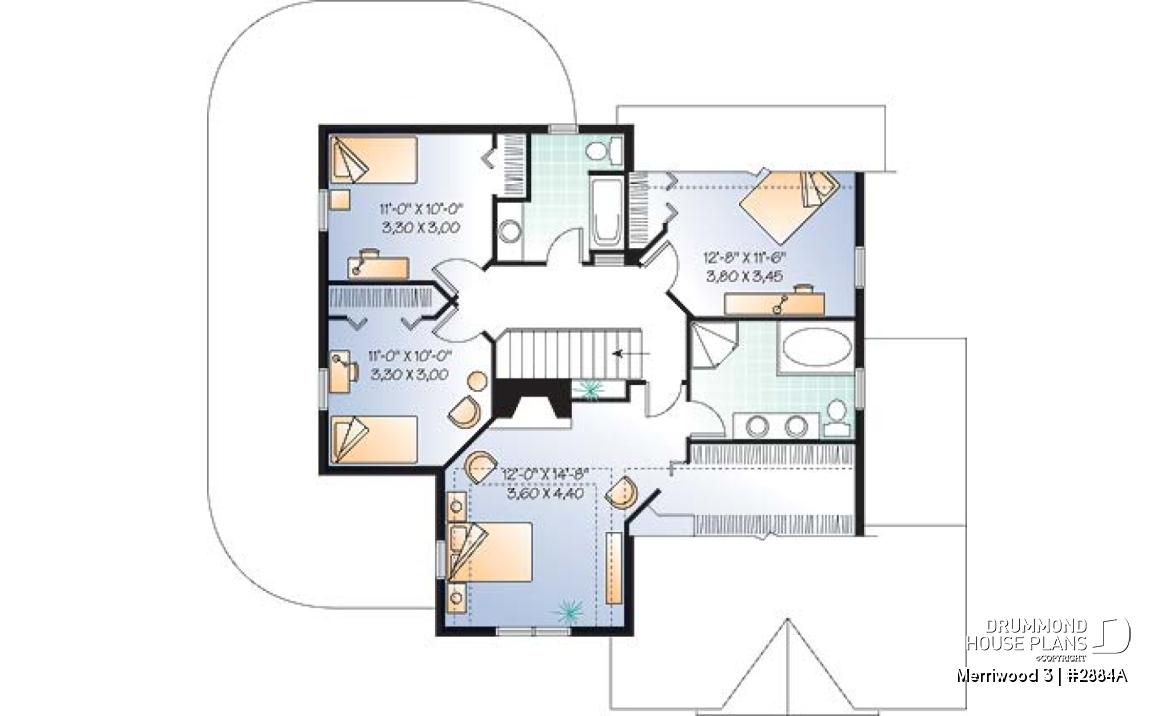 2nd level - 4 bedroom Farmhouse home plan, master suite, 2 covered porches, 9' ceiling on main level, 2 fireplaces - Merriwood 3
