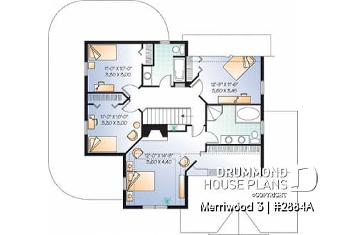 2nd level - 4 bedroom Farmhouse home plan, master suite, 2 covered porches, 9' ceiling on main level, 2 fireplaces - Merriwood 3