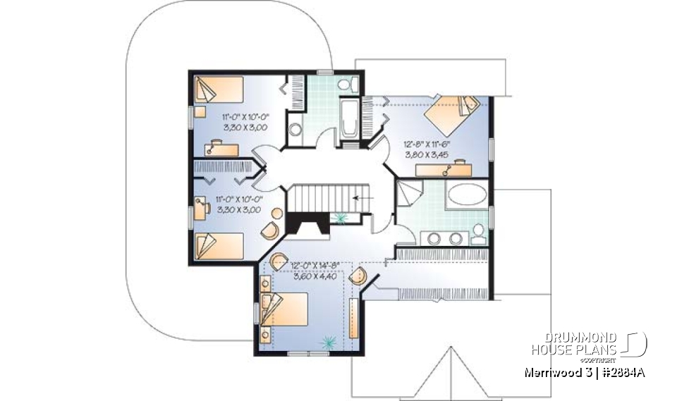 2nd level - 4 bedroom Farmhouse home plan, master suite, 2 covered porches, 9' ceiling on main level, 2 fireplaces - Merriwood 3