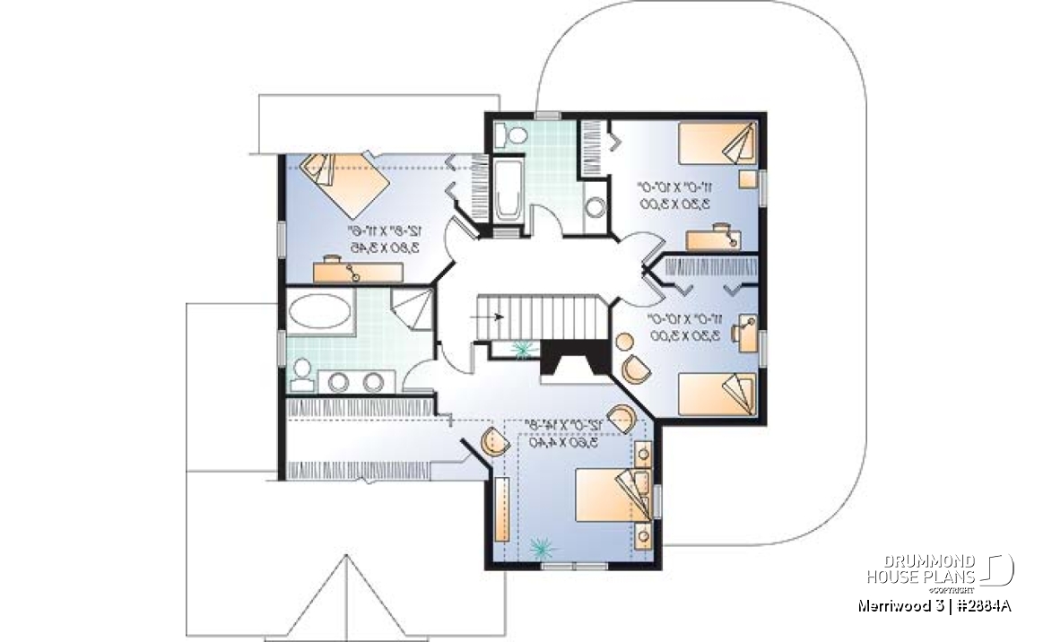 2nd level - 4 bedroom Farmhouse home plan, master suite, 2 covered porches, 9' ceiling on main level, 2 fireplaces - Merriwood 3