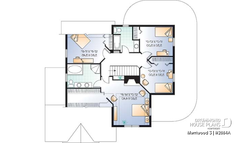 2nd level - 4 bedroom Farmhouse home plan, master suite, 2 covered porches, 9' ceiling on main level, 2 fireplaces - Merriwood 3