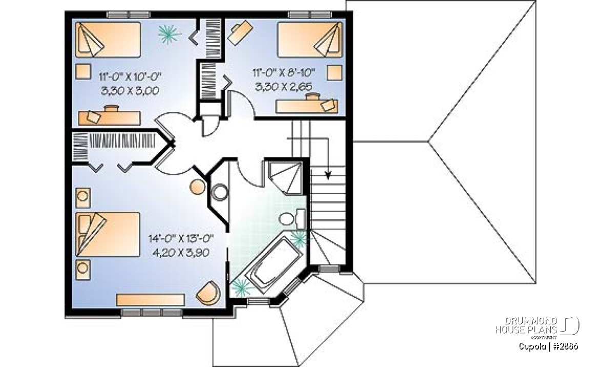 2nd level - 3 bedroom house plan with garage, laundry room on main floor - Cupola