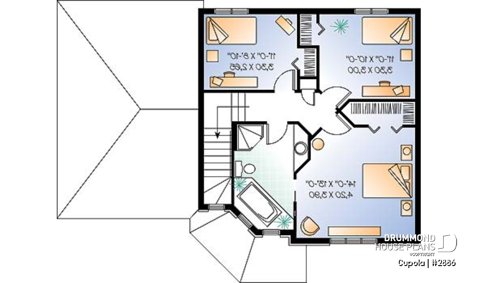 2nd level - 3 bedroom house plan with garage, laundry room on main floor - Cupola
