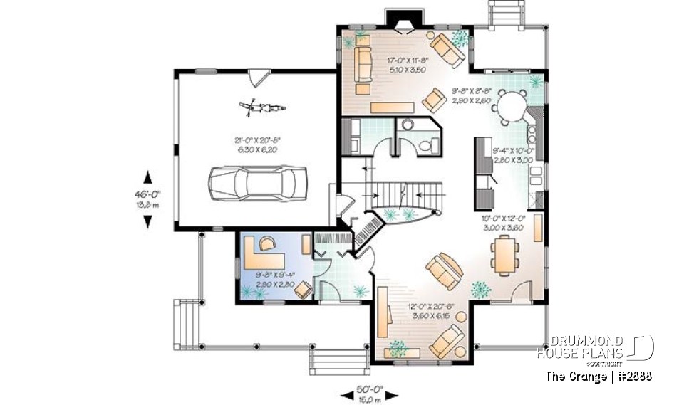 1st level - Country house plan with large master suite, den, formal living and dining room, 2-car garage - The Grange