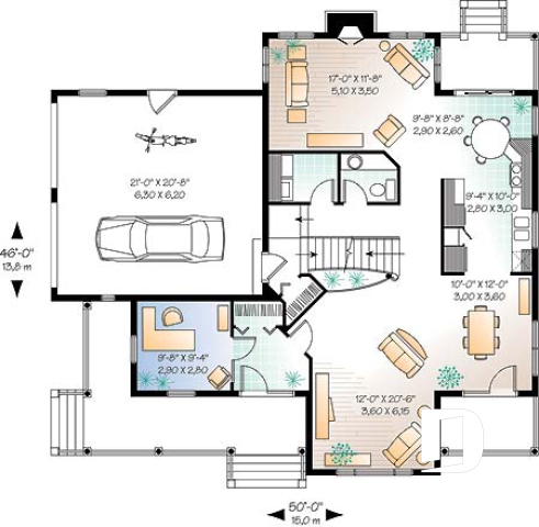1st level - Country house plan with large master suite, den, formal living and dining room, 2-car garage - The Grange