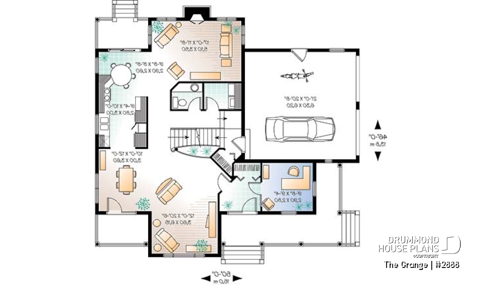 1st level - Country house plan with large master suite, den, formal living and dining room, 2-car garage - The Grange