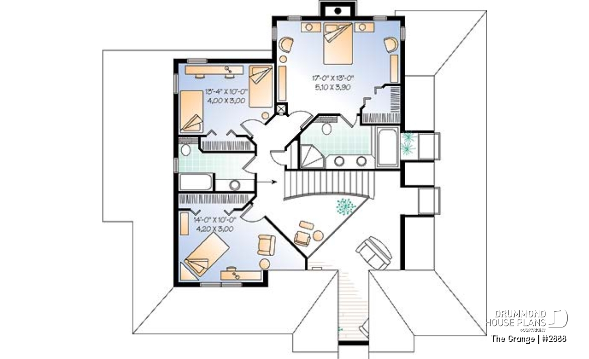 2nd level - Country house plan with large master suite, den, formal living and dining room, 2-car garage - The Grange