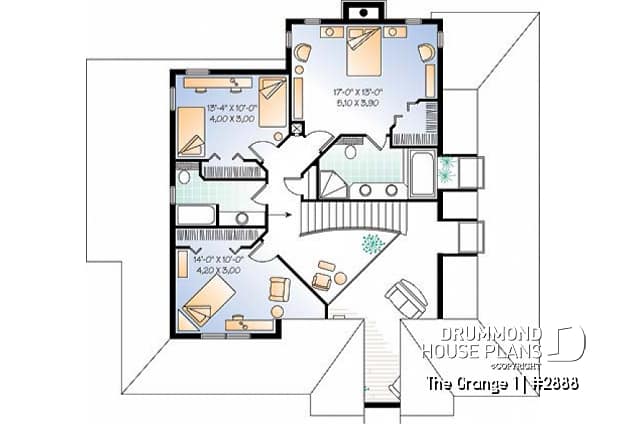 2nd level - Country house plan with large master suite, den, formal living and dining room, 2-car garage - The Grange