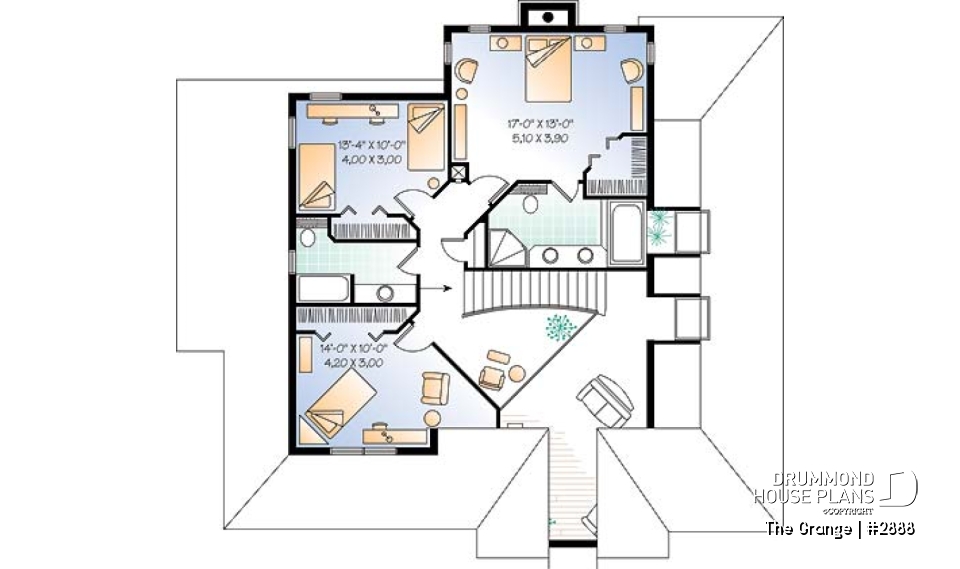 2nd level - Country house plan with large master suite, den, formal living and dining room, 2-car garage - The Grange