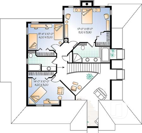 2nd level - Country house plan with large master suite, den, formal living and dining room, 2-car garage - The Grange