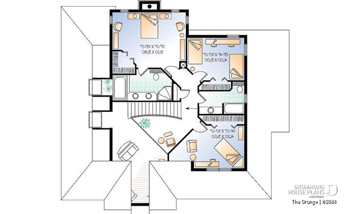 2nd level - Country house plan with large master suite, den, formal living and dining room, 2-car garage - The Grange