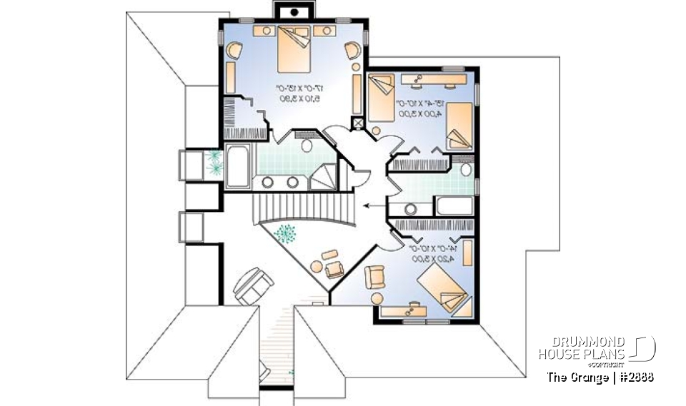 2nd level - Country house plan with large master suite, den, formal living and dining room, 2-car garage - The Grange