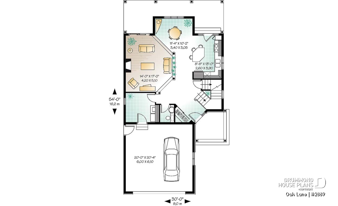 1st level - Narrow lot Traditional 3 to 4 bedroom home plan with 2-car garage, breakfast nook, sunken living room - Oak Lane