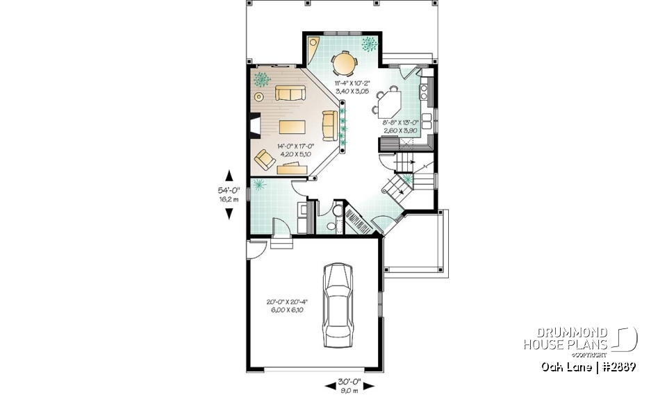 1st level - Narrow lot Traditional 3 to 4 bedroom home plan with 2-car garage, breakfast nook, sunken living room - Oak Lane
