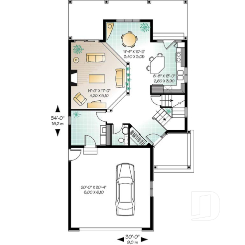 1st level - Narrow lot Traditional 3 to 4 bedroom home plan with 2-car garage, breakfast nook, sunken living room - Oak Lane