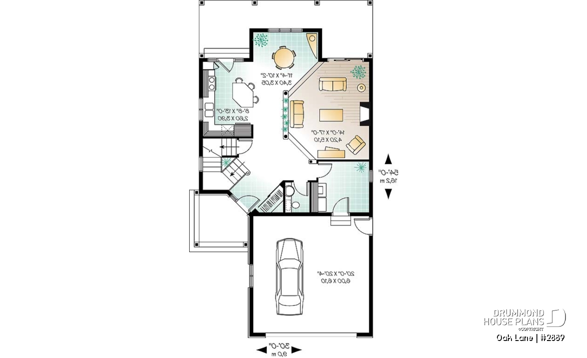 1st level - Narrow lot Traditional 3 to 4 bedroom home plan with 2-car garage, breakfast nook, sunken living room - Oak Lane
