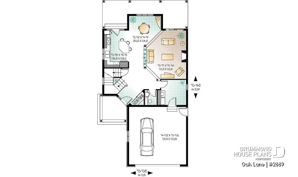 1st level - Narrow lot Traditional 3 to 4 bedroom home plan with 2-car garage, breakfast nook, sunken living room - Oak Lane