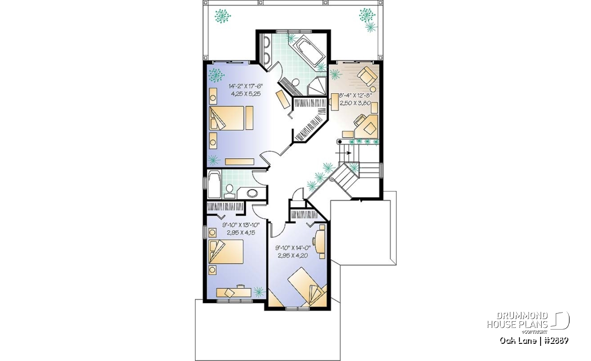 2nd level - Narrow lot Traditional 3 to 4 bedroom home plan with 2-car garage, breakfast nook, sunken living room - Oak Lane
